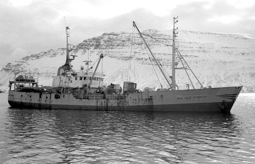 Börkur NK (Stóri-Börkur) kemur til hafnar með fyrsta fullfermið í febrúar 1973. Ljósm. Guðmundur Sveinsson